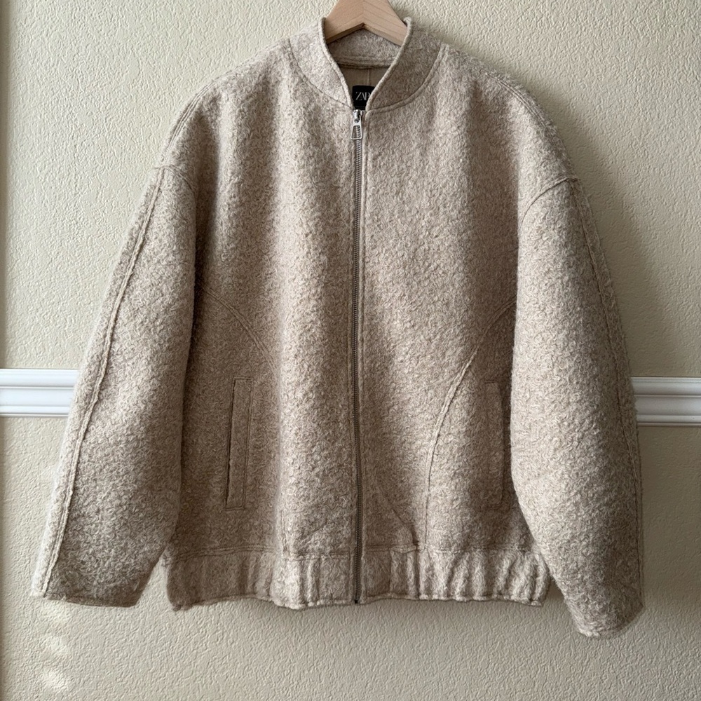 Zara Blogger Favorite Boucle Bomber Jacket Zip Cream Fuzzy Size XS - Small - Picture 2 of 12